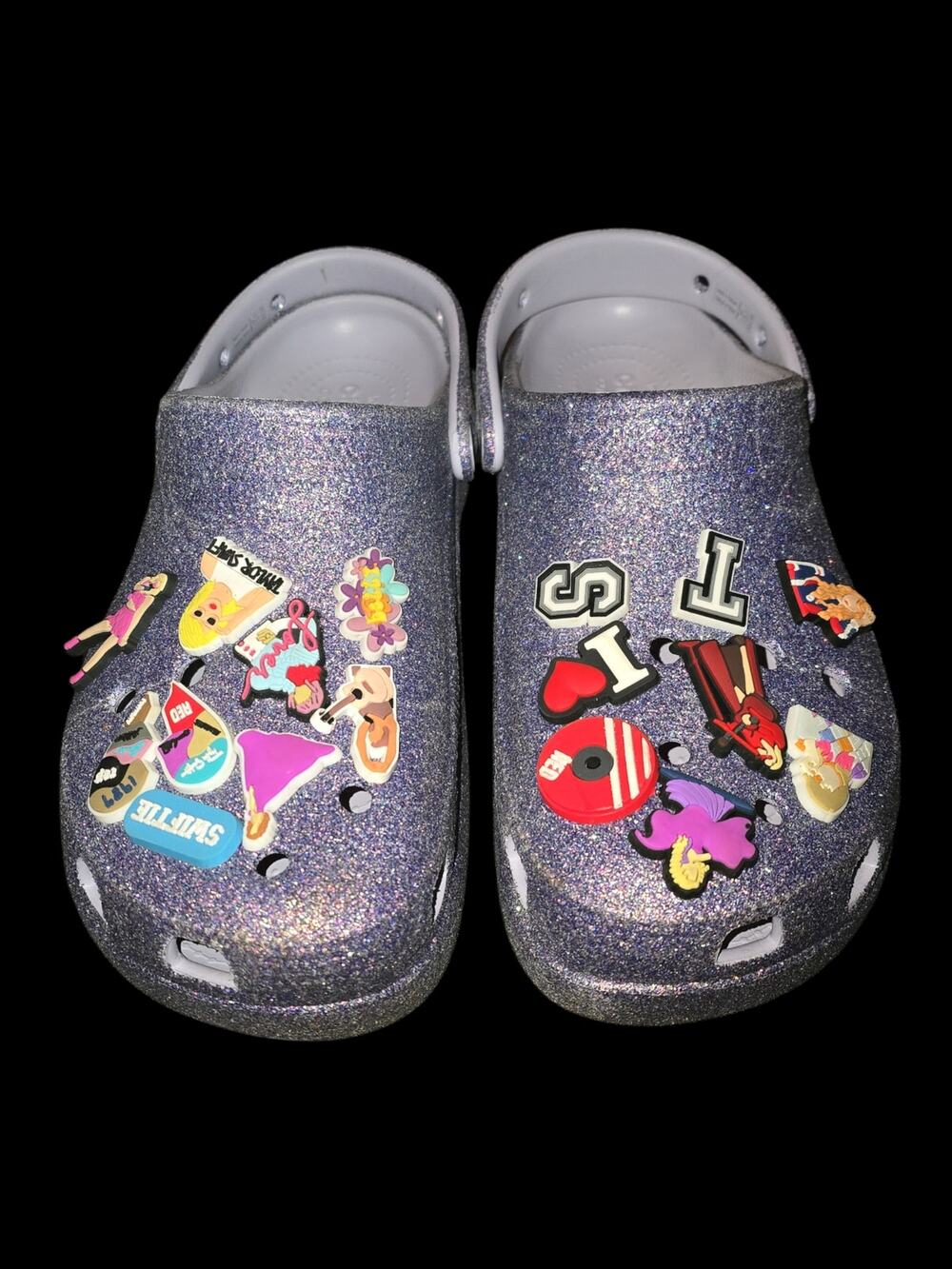 Crocs Women's Glitter Platform Clogs Purple with Taylor Swift Jibitz, Size 9